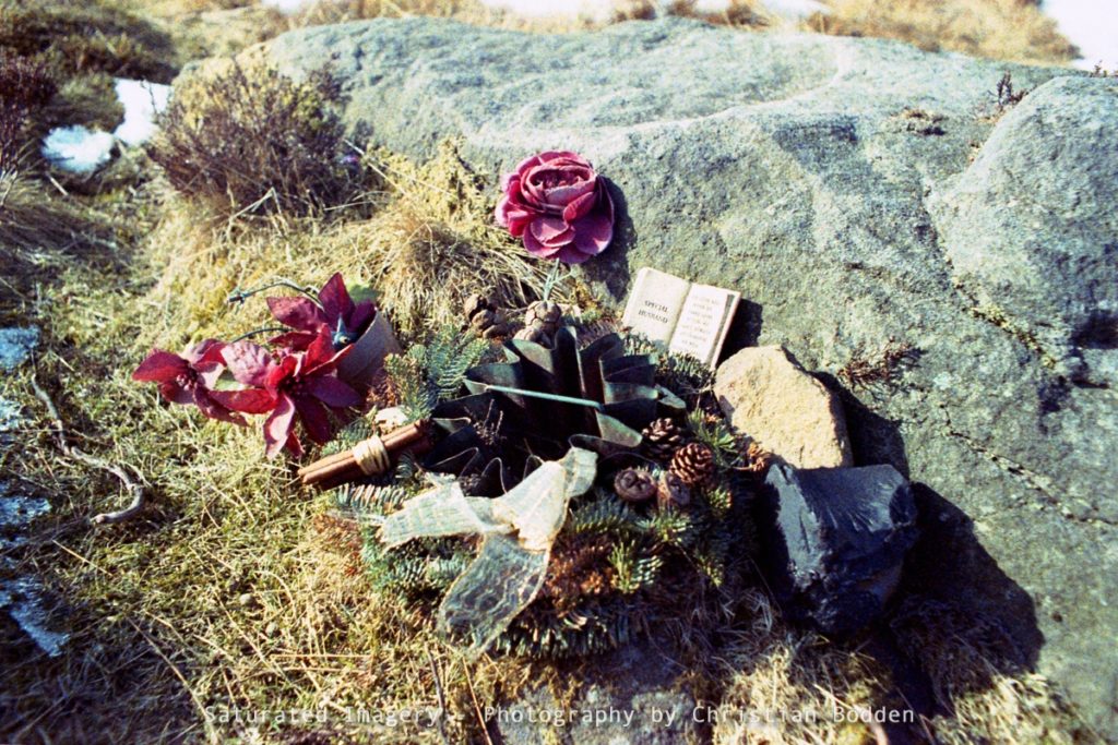 Image of a small pile of objects forming a memorial on grassland in high colour