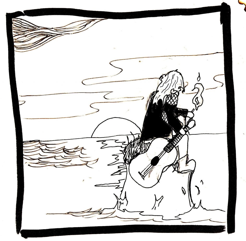 Pen and ink sketch of a young man sat on a rock in the sea, holding a guitar.