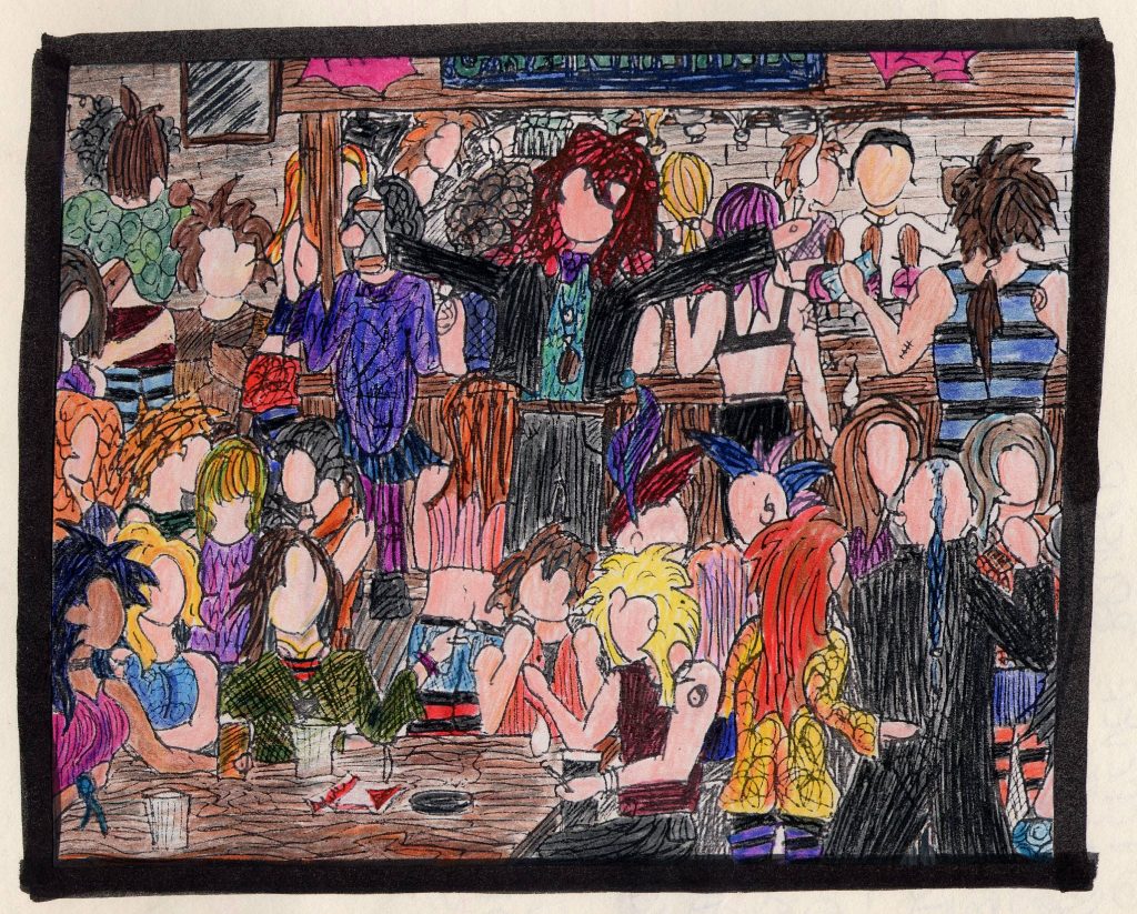 Ink and colour pencil drawing of a scene in a pub with a number of people drinking and a central character standing with arms outstretched