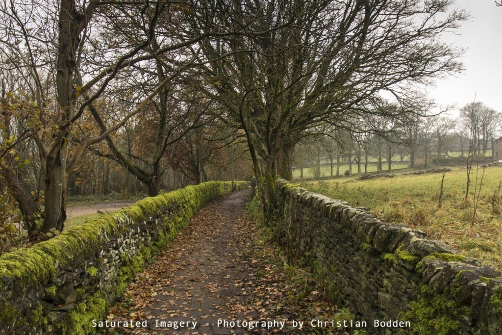 A rural track with moss covered dry stone walls on either side