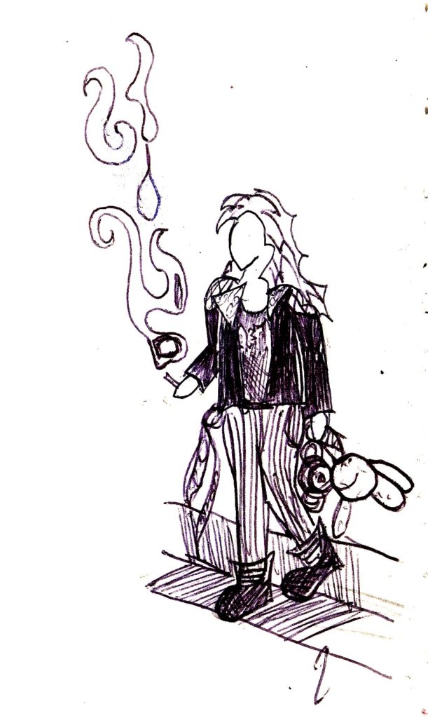 Line art. A long haired boy walking down steps with a teddy-bear in one hand and a cigarette in the other.