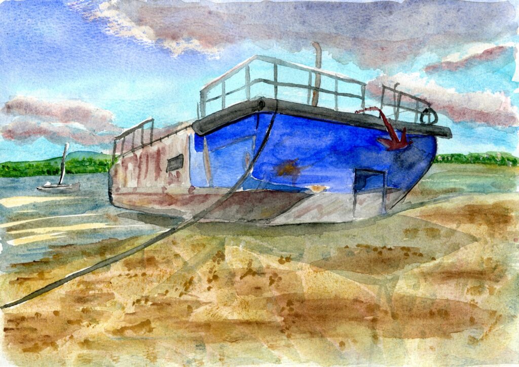 Watercolour of an abandoned boat on the beach of an estuary