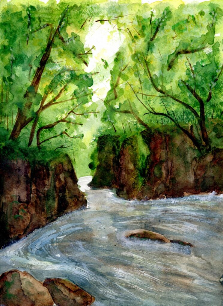 Watercolour painting of a river flowing through a gorge