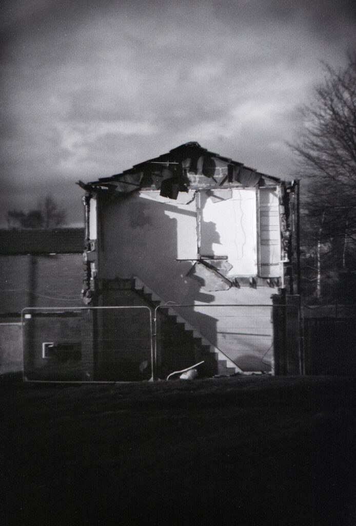 Black and White photo of a derelict building