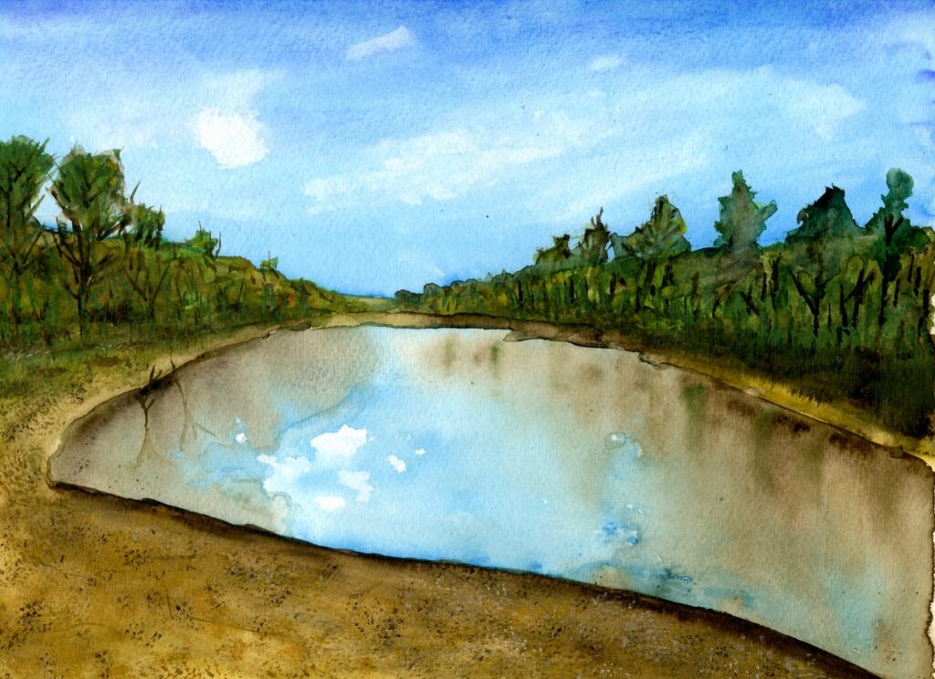 Watercolour of a reservoir reflecting blue sky
