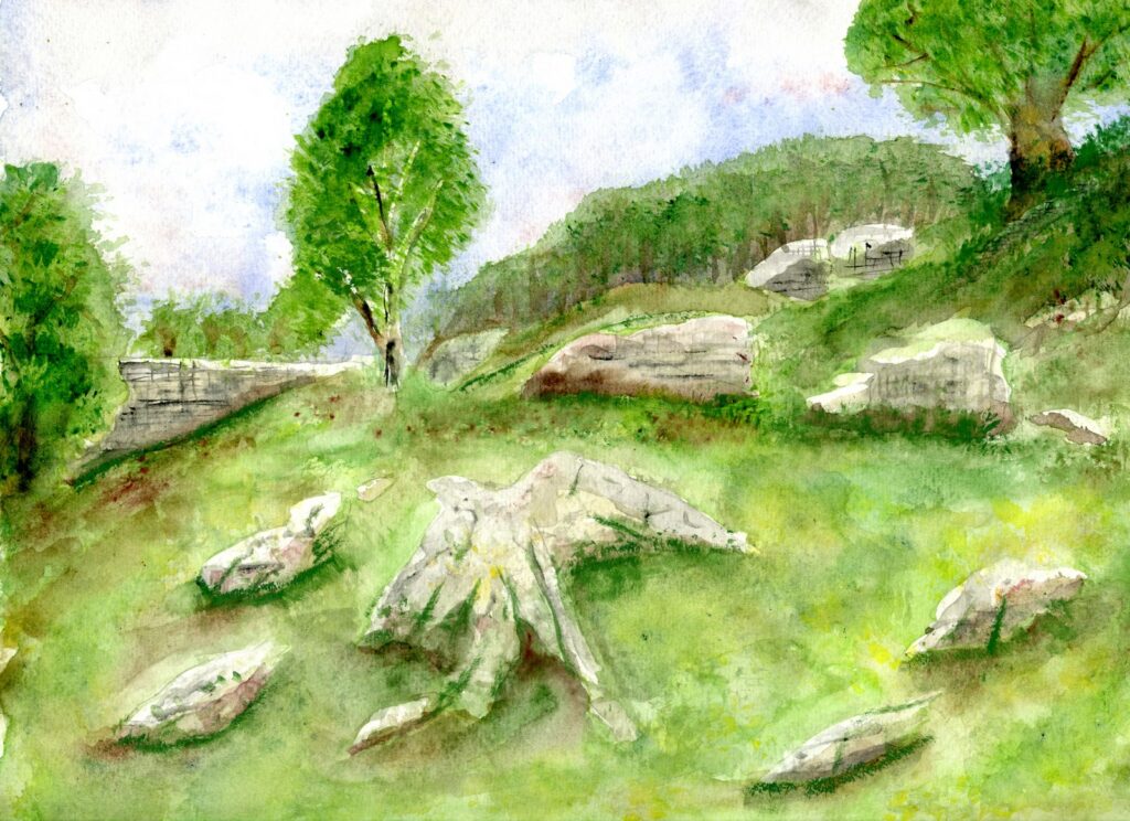 Watercolour painting of rocks, trees and limestone cliffs