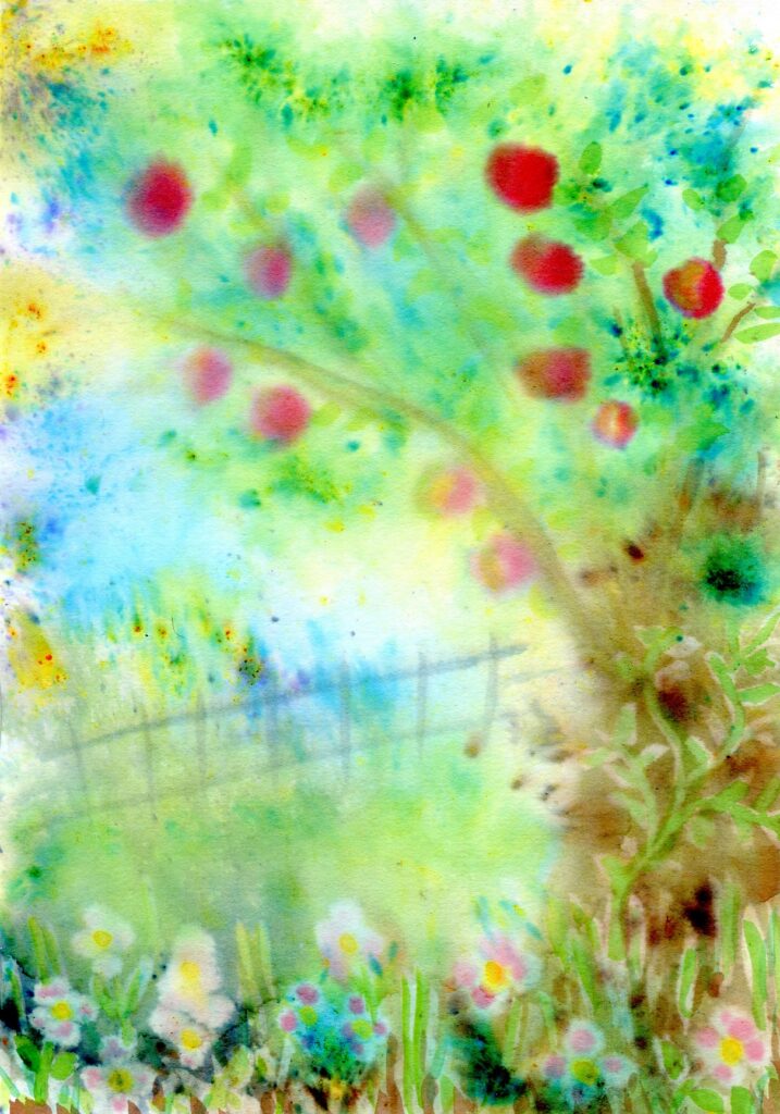 Abstract image of an apple tree, flowers and a fence