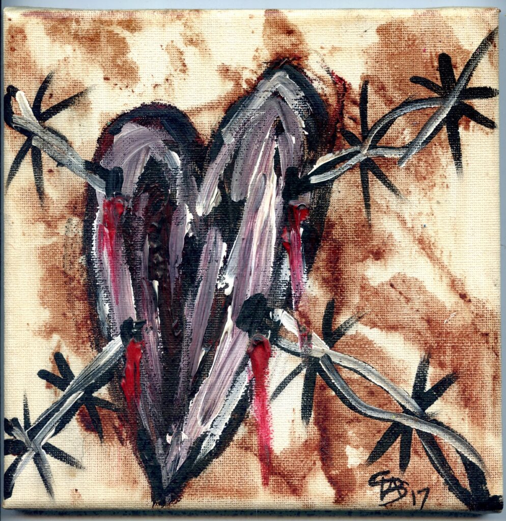 Acrylic painting of a heart pierced with barbed wire