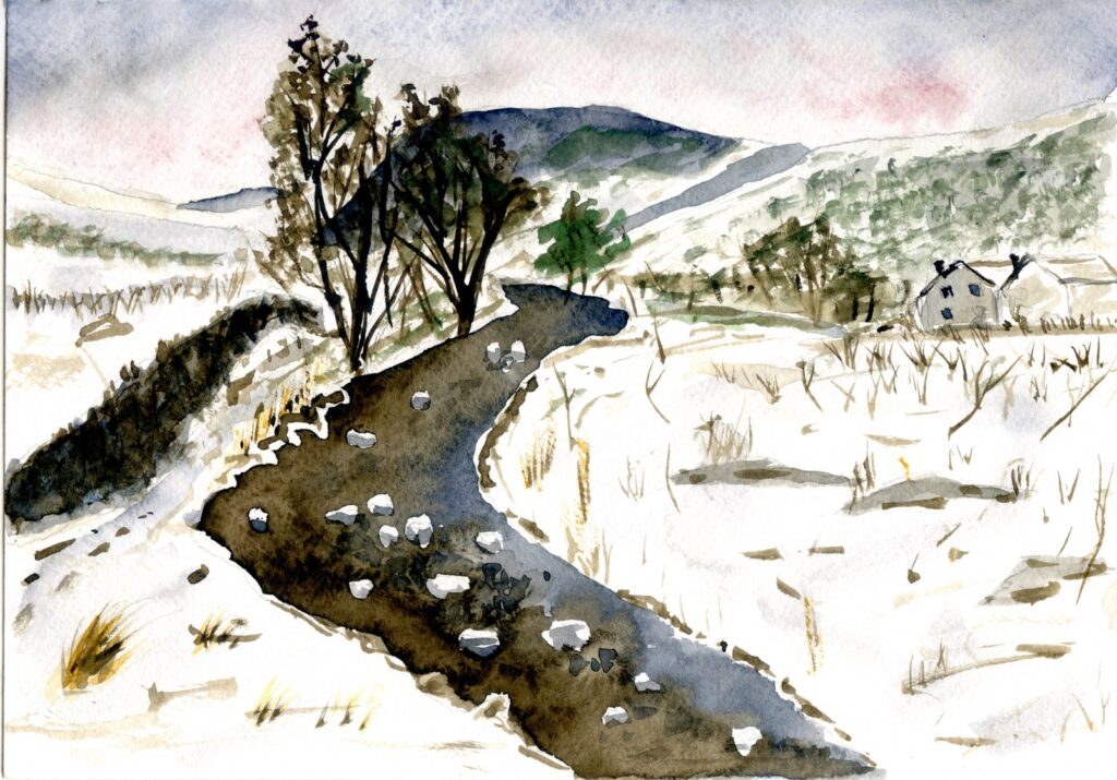 Watercolour of a brown river in a snowy landscape